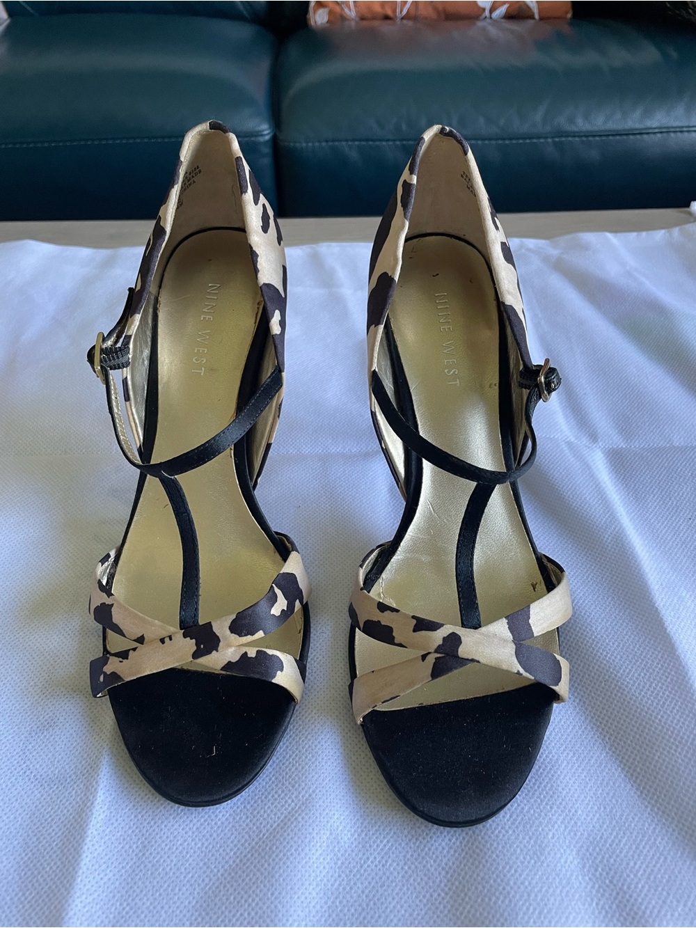 Nine West Black and Beige Leopard T-Strap Heels